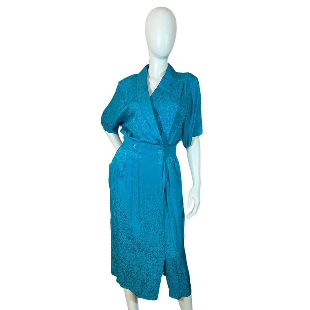 90s Vintage Royal Silk Turquoise Silk Wrap Dress Floral Midi Size 10
